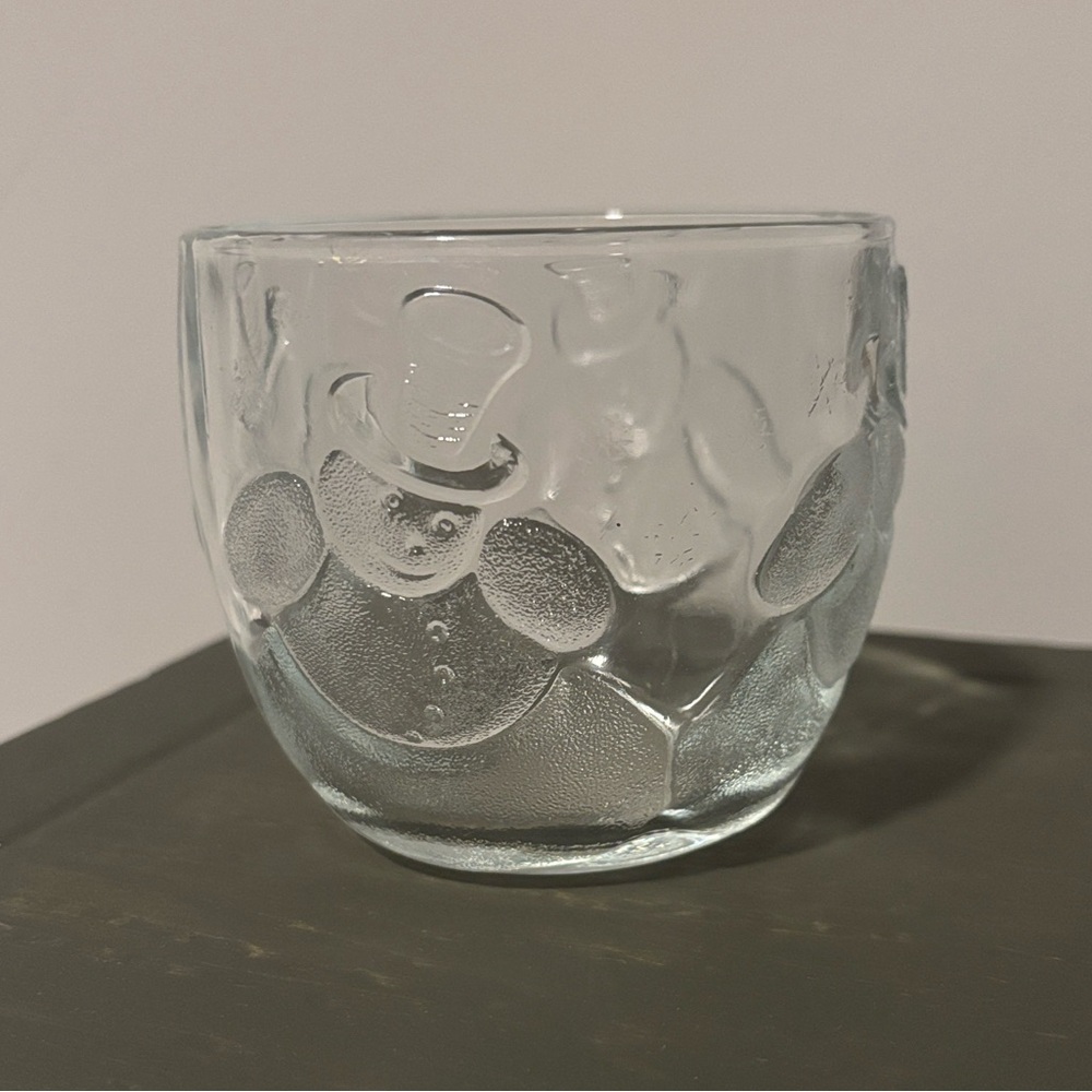 Vintage Crystal Etched Snowman Christmas Holiday Glass Cup Dish Candle Holder